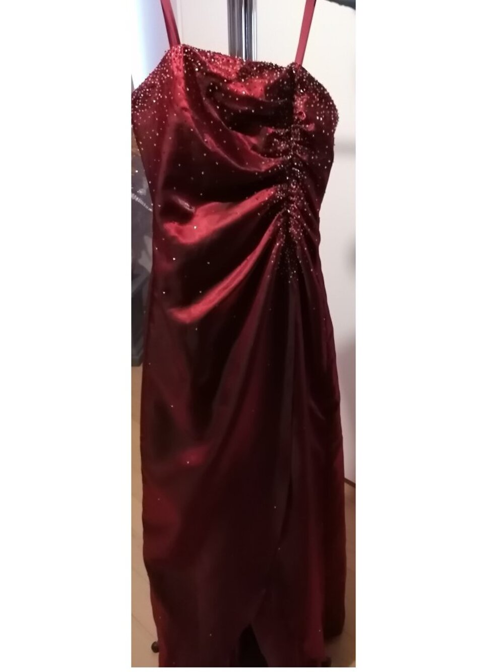 BURGANDY ORGANZA PROM DRESS WITH BEADED EMBELLISHMENTS